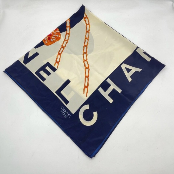 Chanel Navy White Mademoiselle Gripoix Silk Scarf - Picture 5 of 16